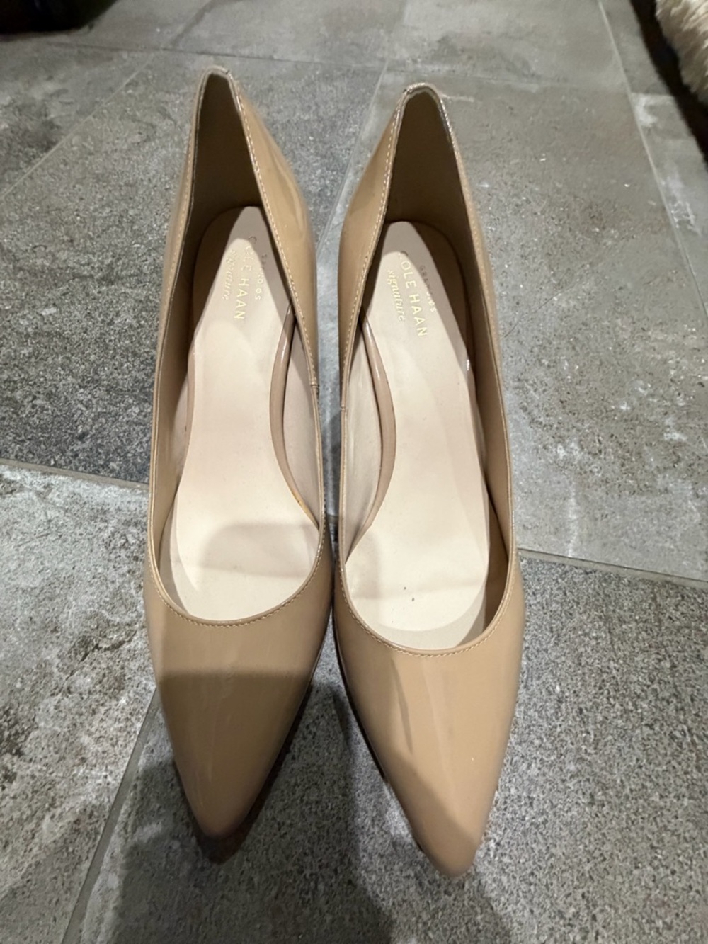 Cole Haan Beige Patent Leather Pointed-Toe Pumps